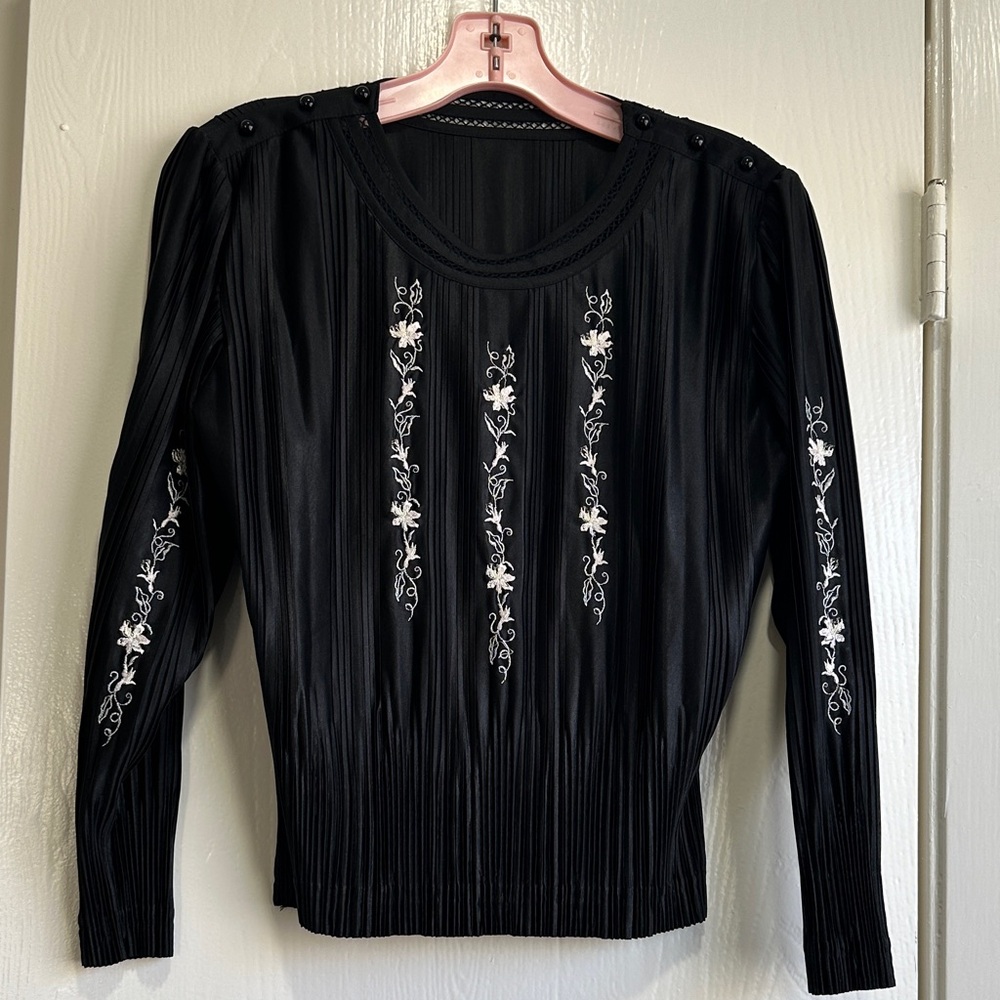 Black Embroidered Pleated Top